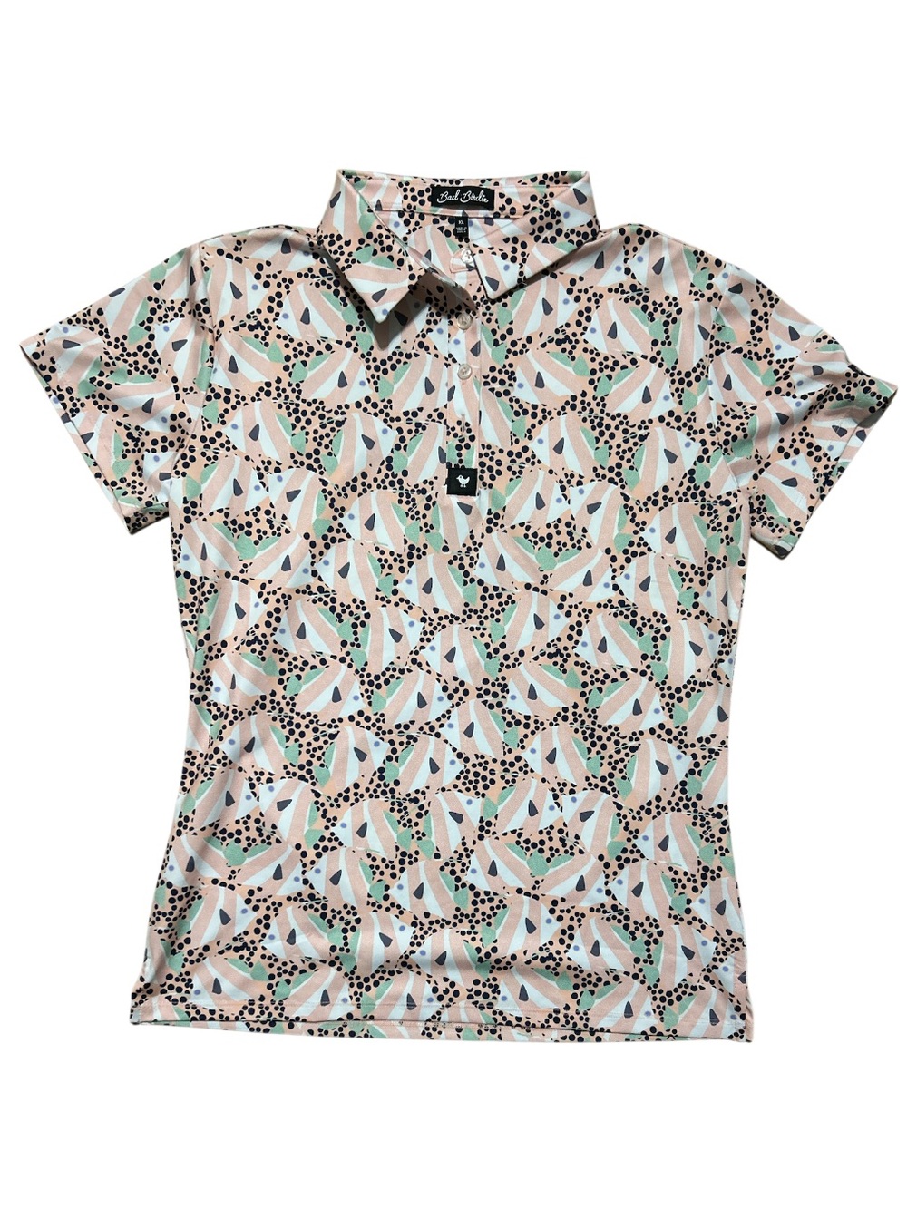 Bad Birdie Women's Fish Print Performance Golf Polo Shirt in pink and green